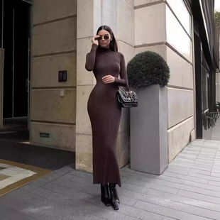 Women slim fit dress秋冬针织毛衣裙中长款高领紧身性感连衣裙