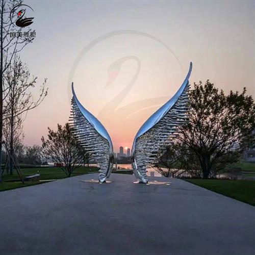 大型不锈钢翅膀雕塑户外校园林抽象异形发光羽翼景观艺术落地摆件