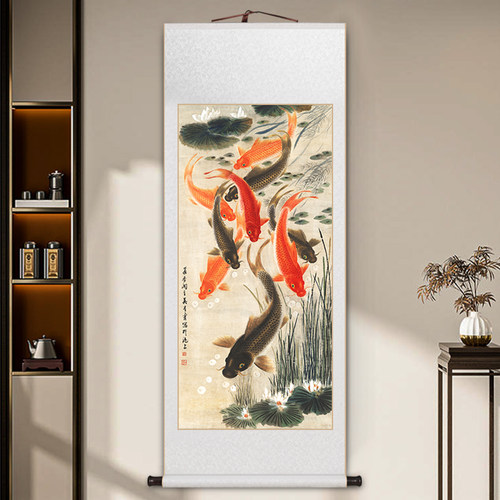 九鱼图卷轴挂画年年有余挂画