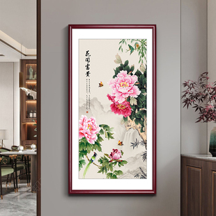 花开富贵玄关装饰画新中式工笔牡丹国画客厅走道书房茶室花鸟壁画