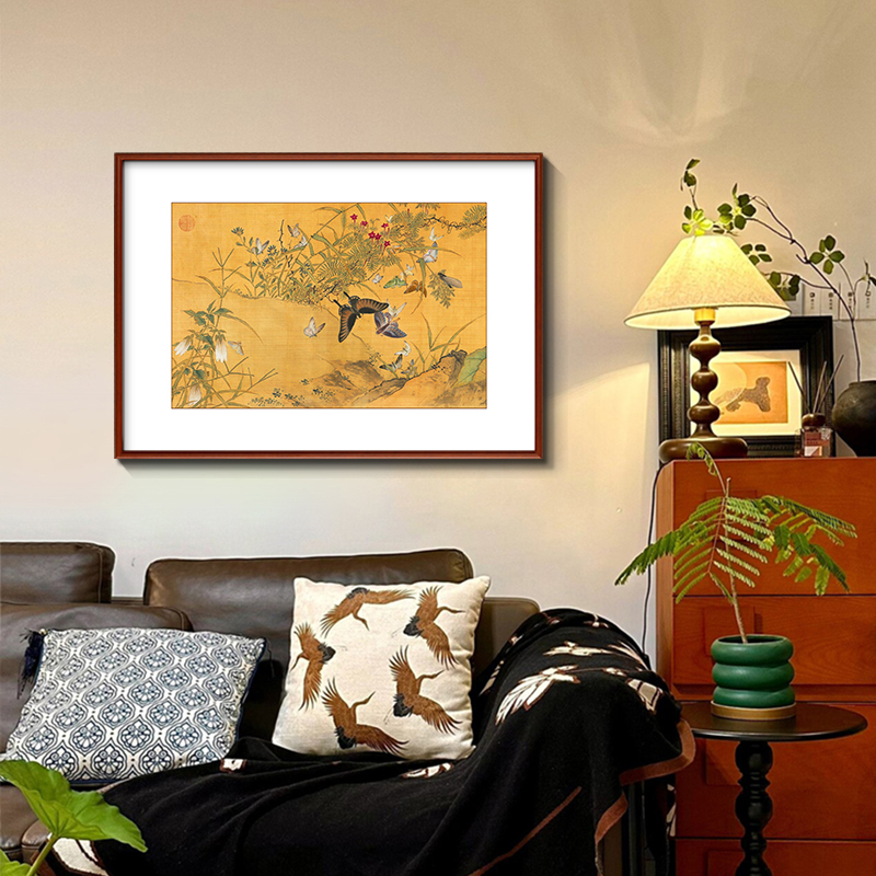 郎世宁百蝶图中古风客厅装饰画蝴蝶法式餐厅挂画书房玄关卧室壁画图片