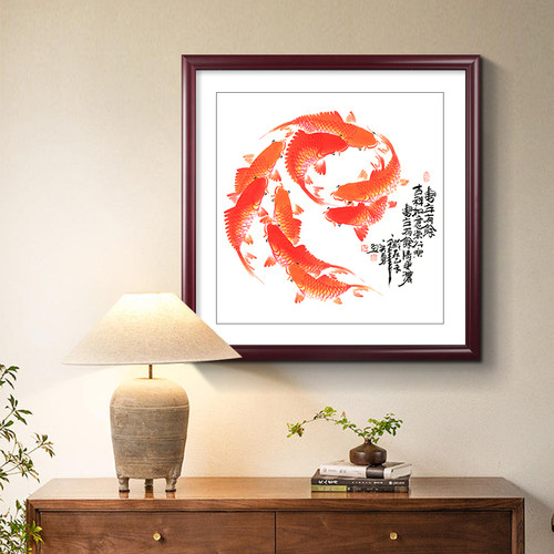 荷花九鱼图玄关装饰画新中式餐厅书房茶室挂画入户门水墨鲤鱼壁画