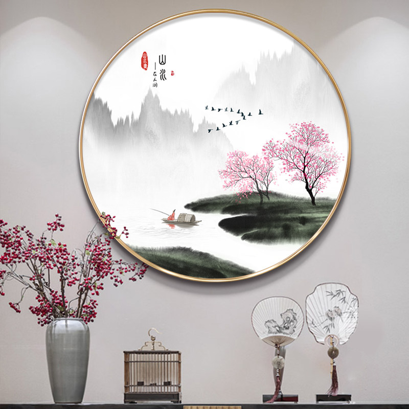 新中式水墨山水画桃花圆形入禅户意玄关装饰画茶室厅背客景jig墙