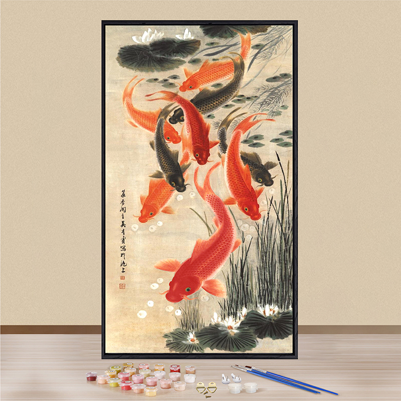 九鱼图涂色数字油画大尺寸客厅玄关装饰挂画丙烯diy填色手工礼物图片