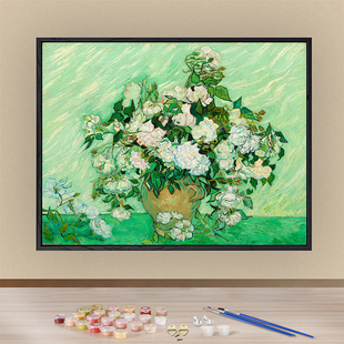 梵高油画白玫瑰数字油画杏花树填色油彩画高端手工diy涂色装饰画