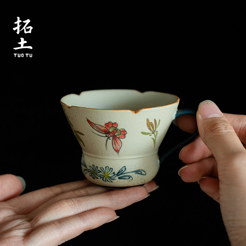拓土青花火石红陶瓷把杯描金纯手绘蝴蝶兰花覆古风茶杯主人杯中式