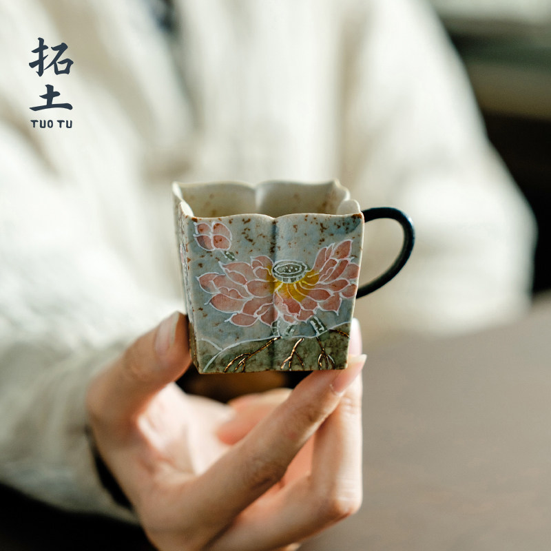 拓土青花火石红陶瓷品茗杯创意纯手绘莲开 并蒂把杯主人杯单个茶