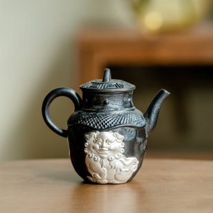 拓土乌金釉描银醒狮茶壶茶杯家用陶瓷功夫茶具单壶简约过滤泡茶器