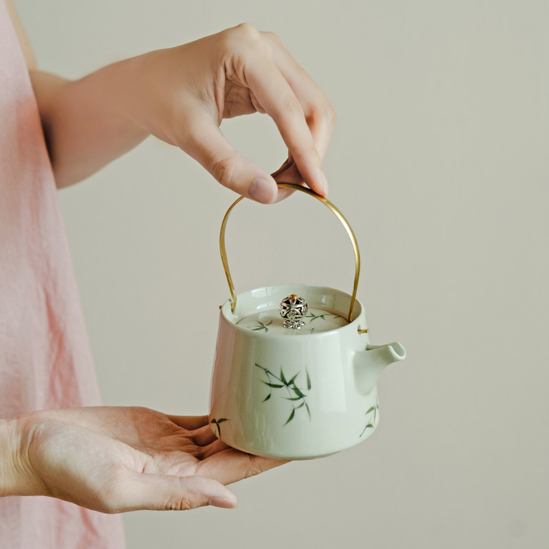 拓土陶瓷茶壶家用创意手绘筱竹提梁壶小容量一人饮功夫泡茶壶茶杯
