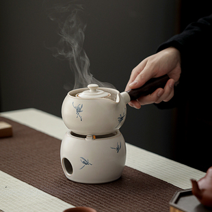 侧把壶暖茶器 拓土手绘蝴蝶兰花陶瓷温茶炉底座围炉煮茶器家用套装