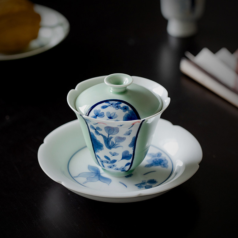 梅青开窗纯手绘蝶恋花三才盖碗茶杯单个家用陶瓷茶碗不烫手泡茶器