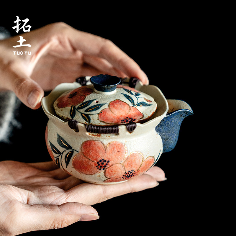 拓土纯手绘桃花手抓壶青花火石红陶瓷泡茶壶创意盖碗泡茶器礼盒装