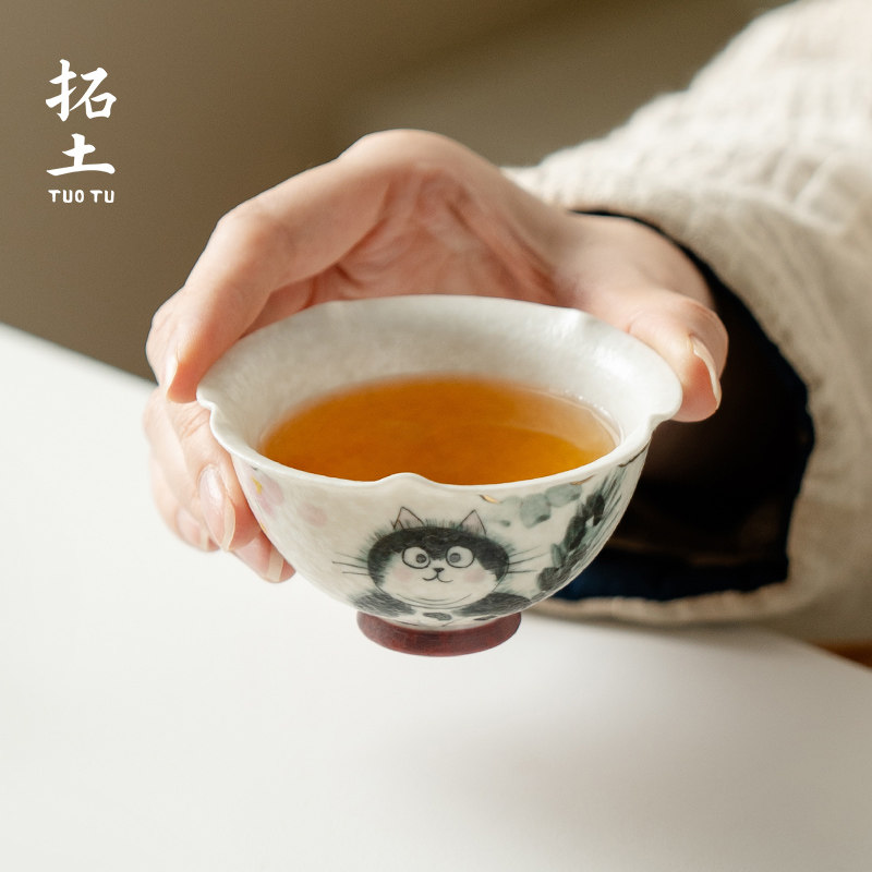 拓土功夫茶杯陶瓷岩矿白主人杯个人专用手绘猫趣茶铛品茗杯喝茶杯