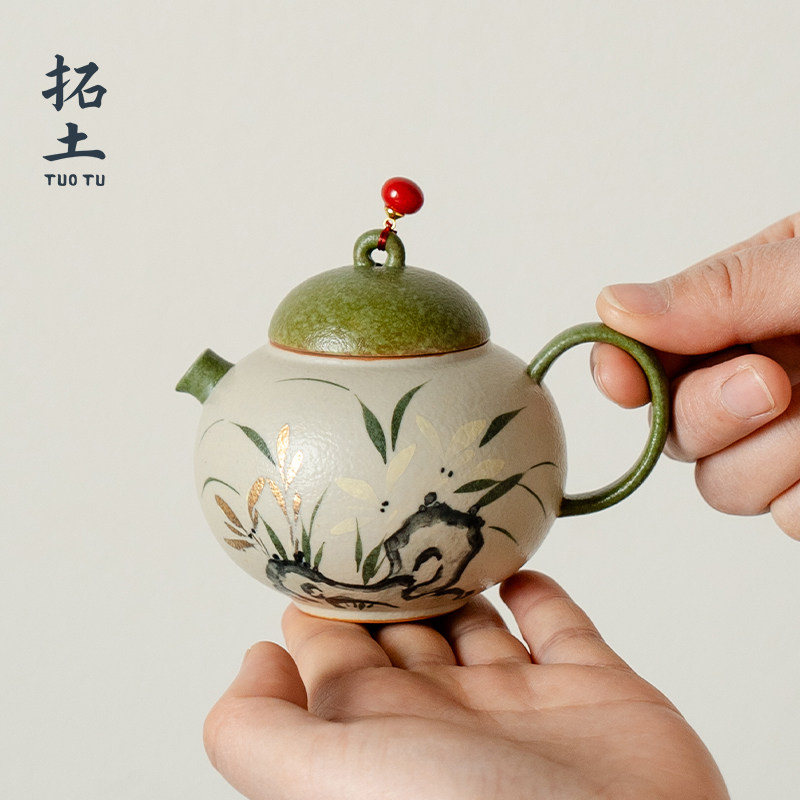 拓土火石红纯手绘墨兰茶壶泡茶家用新款高档陶瓷茶水分离过滤单壶