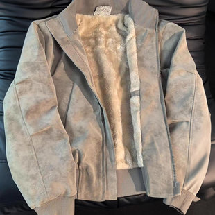 美式雾面仿貂绒外套男款冬季加绒加厚夹克棉服立领PU皮机车服皮衣