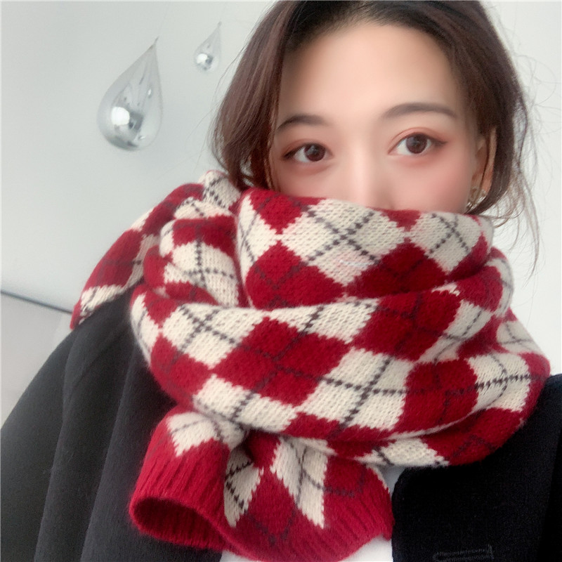 围巾女冬季百搭韩版披肩围脖复古菱形格子针织毛线围巾装饰保暖