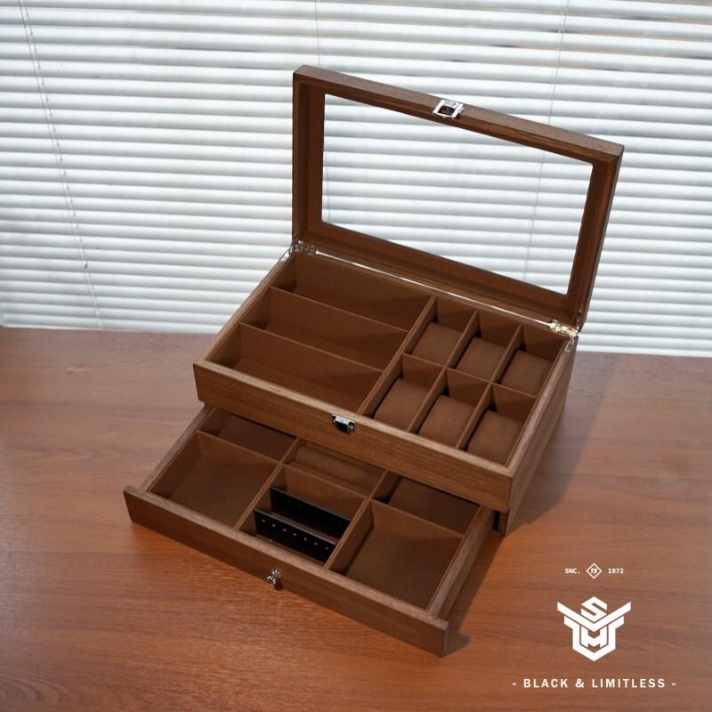 大容量双层复古胡桃木纹手表眼镜手链手镯首饰盒戒指项链收纳盒子