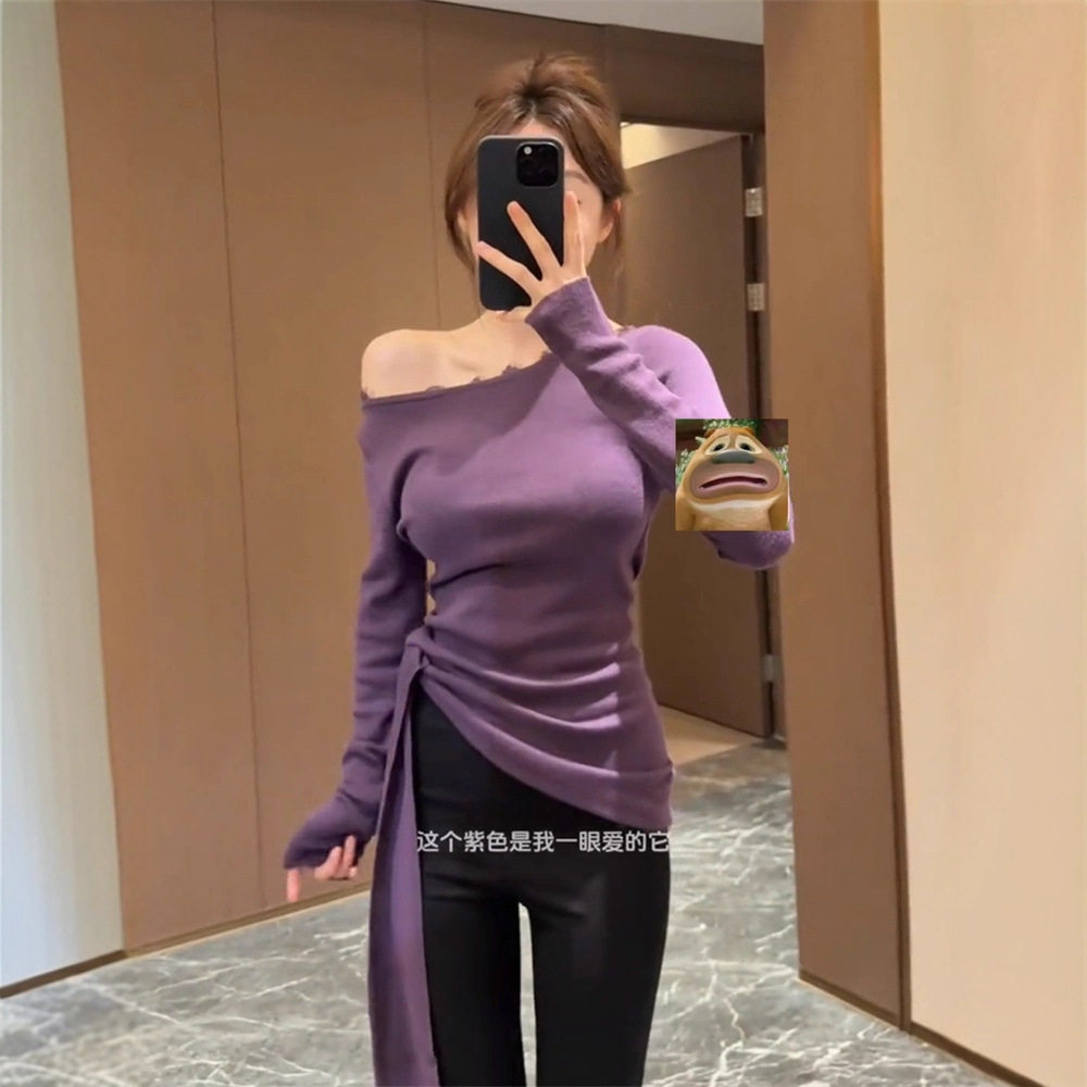 韩系辣妹收腰斜肩不规则紫色针织打底衫女冬内搭外穿气质长袖上衣,女装/女士精品,T恤,淘宝优惠券,粉丝福利购,淘宝优惠卷