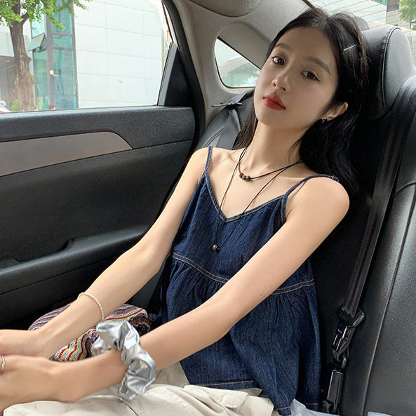 2026夏季新款宽松短款外穿无袖上衣法式复古甜酷风牛仔吊带背心女