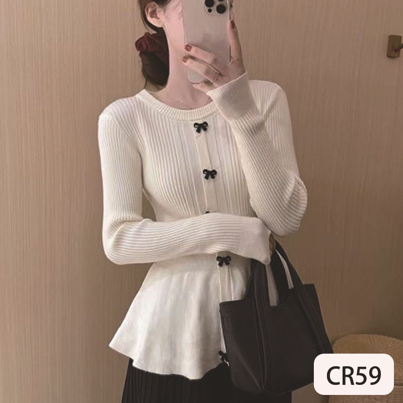 温柔风结圆领长袖针织衫女冬季新款高级感荷叶边收腰显瘦上衣,女装/女士精品,毛针织衫,淘宝优惠券,粉丝福利购,淘宝优惠卷