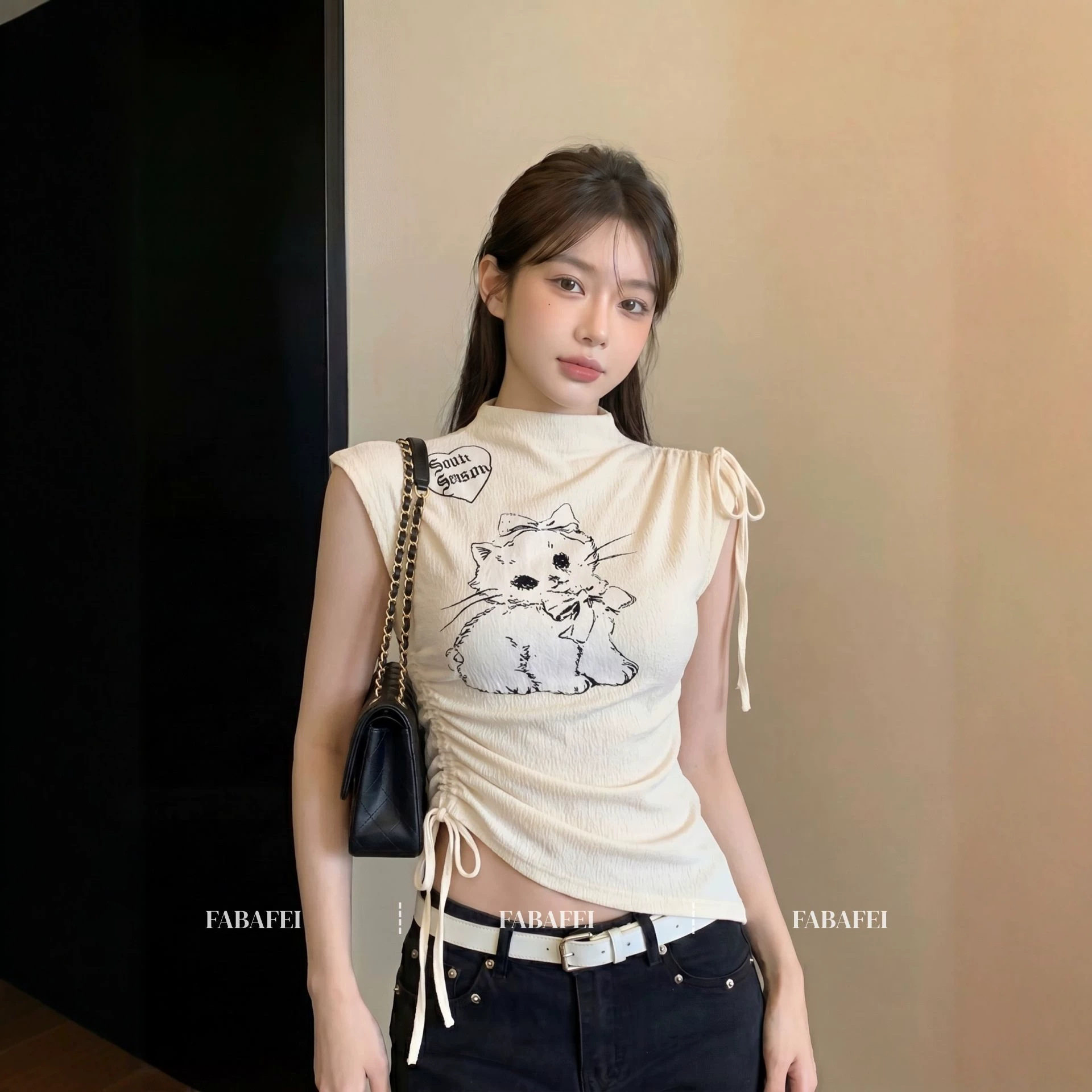 多巴胺短袖t恤女夏季穿搭小猫印花抽绳黄色tee修身韩系上衣设计感