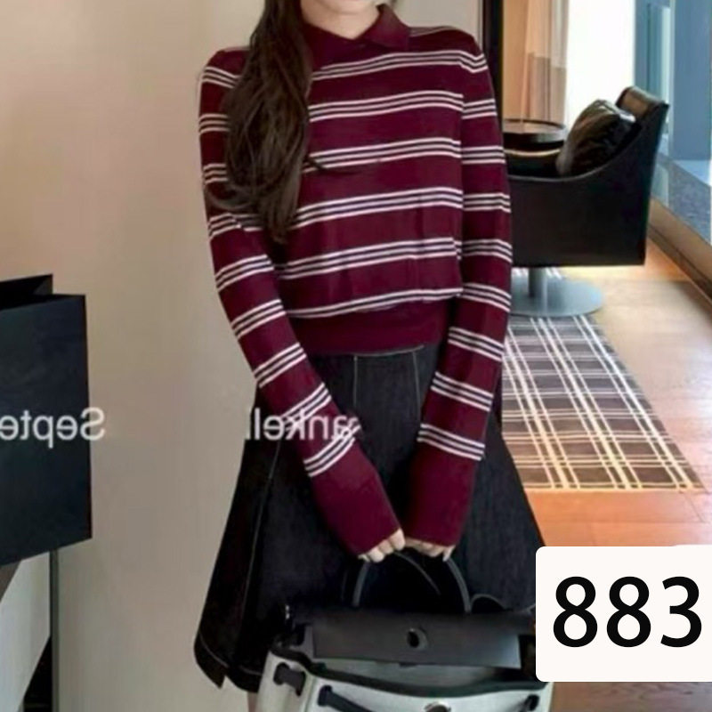 美式撞色条纹polo衫长袖恤女宽松复古通勤上衣高级感毛织针织衫,女装/女士精品,POLO衫,淘宝优惠券,粉丝福利购,淘宝优惠卷