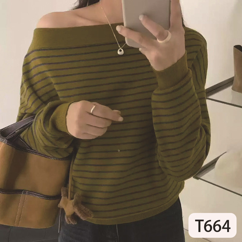 韩版简约一字肩条纹长袖针织衫女2025秋冬新款轻熟风显瘦修身上衣,女装/女士精品,毛针织衫,淘宝优惠券,粉丝福利购,淘宝优惠卷