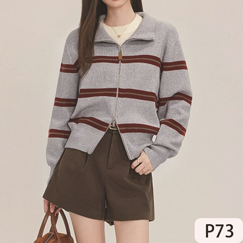 复古撞色条纹纯色立领宽松加厚针织开衫休闲毛衣短外套减龄拉链衫,女装/女士精品,毛针织衫,淘宝优惠券,粉丝福利购,淘宝优惠卷