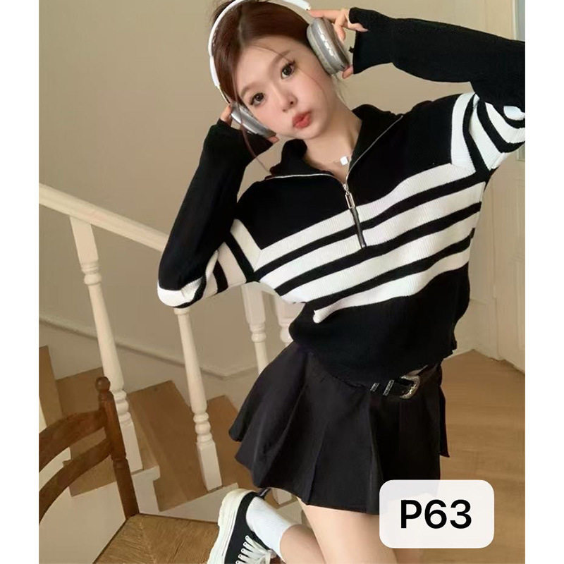 撞色条纹拉链翻领套头长袖秋季韩版气质时尚高级感女装毛衣针织衫,女装/女士精品,毛衣,淘宝优惠券,粉丝福利购,淘宝优惠卷