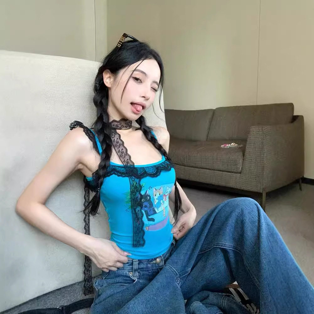 猫咪印花蓝色御姐辣妹吊带小背心女T恤修身内搭蕾丝短款上衣外穿