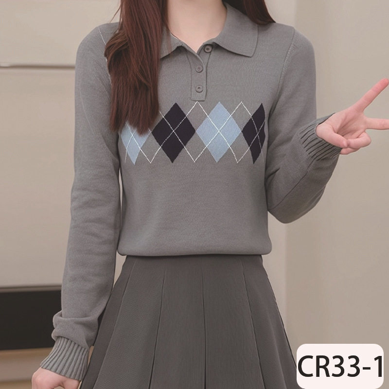 秋冬季新款女装休闲学院风菱格纹翻领短款长袖针织毛织衫上衣,女装/女士精品,毛针织衫,淘宝优惠券,粉丝福利购,淘宝优惠卷