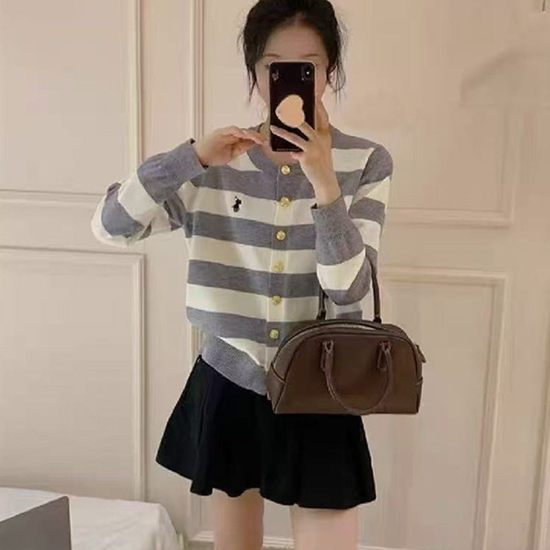 小马标刺绣百搭毛衣外套早秋法式气质高级感复古条纹毛织针织开衫,女装/女士精品,毛衣,淘宝优惠券,粉丝福利购,淘宝优惠卷
