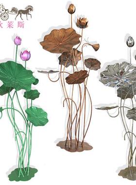 不锈钢荷花金属雕塑摆设庭院水景落地摆件酒店水池铁艺荷叶装饰品