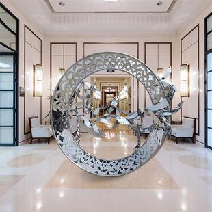 现代不锈钢圆环镂空飞鸟雕塑会所酒店落地动物景观艺术品摆件订购