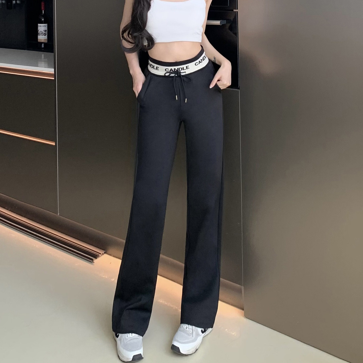 LARRMAIN宽松高腰阔腿休闲裤女秋垂坠感直筒长裤抽绳运动裤山本裤