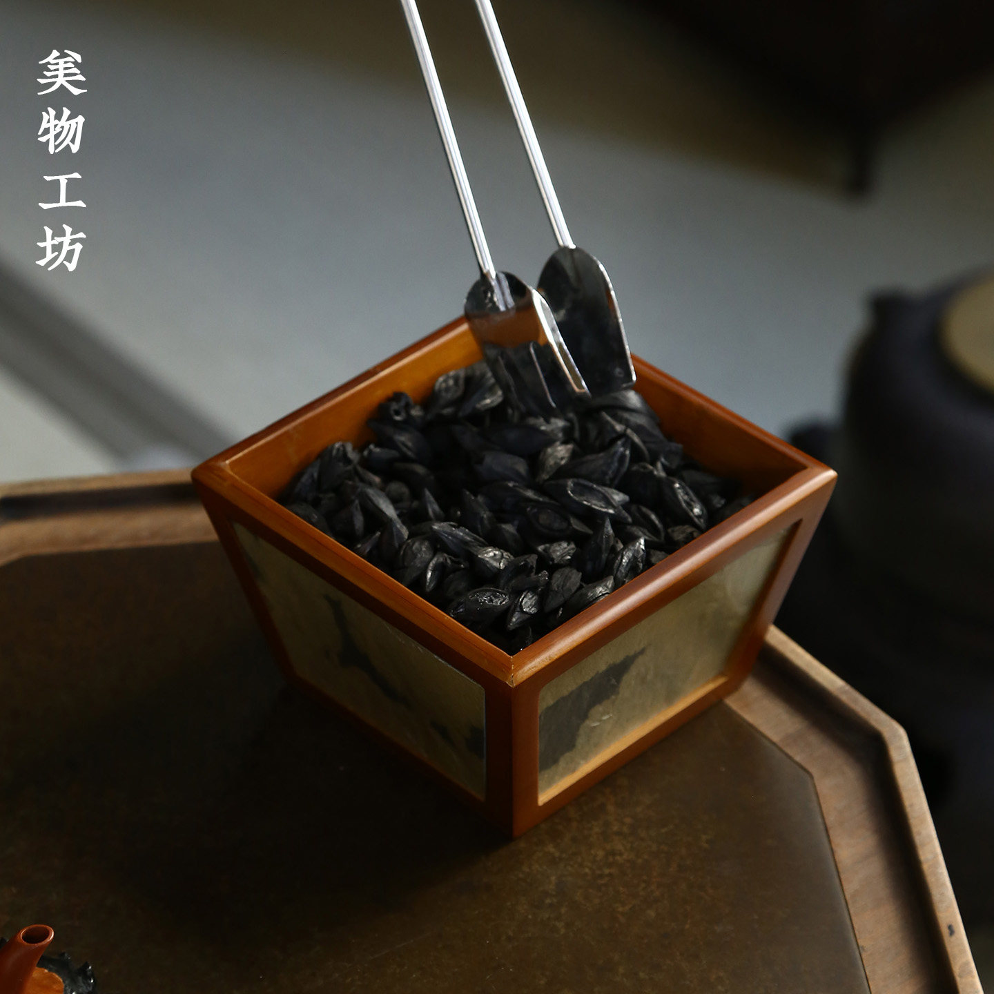 竹制岩石碳筐天然精编收纳盒果篮桌面整理方形木炭筐围炉煮茶复古