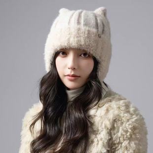 双角护耳套头毛线帽子冬天可爱甜美保暖帽加绒防寒女显脸小毛绒帽
