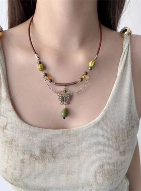波希米亚民族风蝴蝶皮绳项链女锁骨链高级感轻奢小众时尚