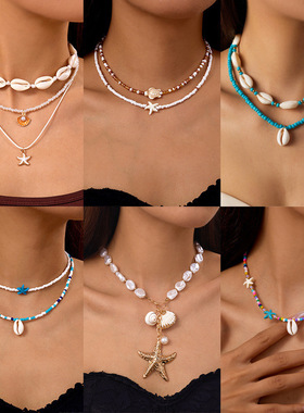 跨境欧美饰品夏威夷度假沙滩贝壳项链海洋贝壳双层叠戴项链锁骨