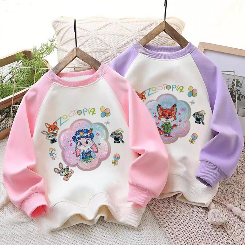 女童圆领动物城纯棉卫衣可爱2026春秋季新款亮片长袖洋气套头上衣