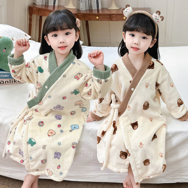 女童睡袍2026秋冬新款加厚法兰绒卡通可爱系带开衫保暖家居服浴袍