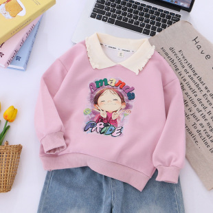 洋气套头上衣服装 长袖 新款 女童翻领纯棉卫衣小女孩可爱印花春秋季