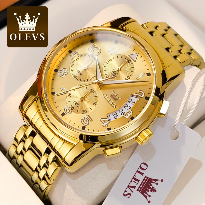 瑞士认证正品牌男士手表大数字表多功能防水石英表18K黄金色十大