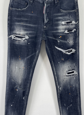 6090春夏新款D2潮男水洗磨破洞补丁修身潮男百搭小脚黑色牛仔裤男