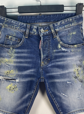 D609春夏新款D2潮男五分裤水洗磨破洞补丁小脚蓝色牛仔短裤男