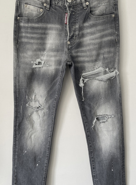 6071春夏新款D2潮男水洗磨破洞补丁油漆立体裁剪小脚灰色牛仔裤男