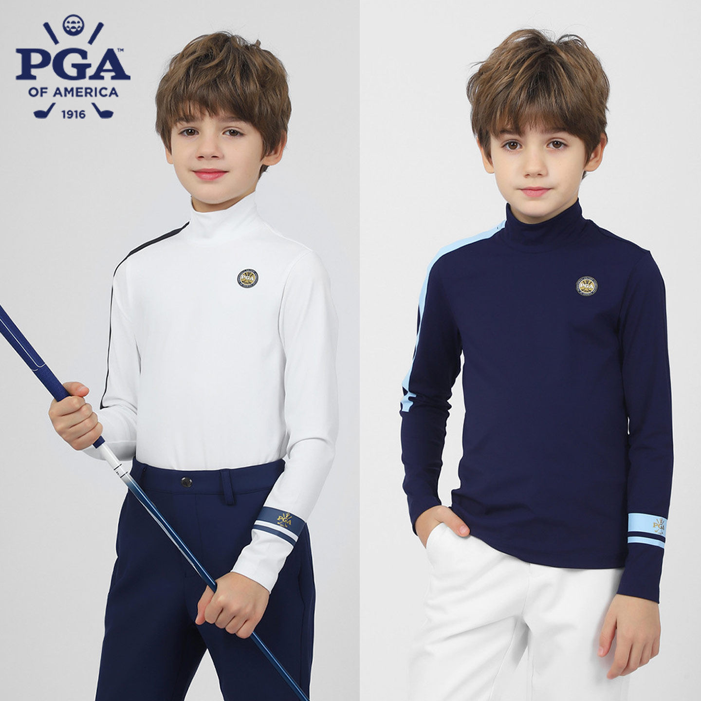 美国PGA 儿童高尔夫服装男童秋冬打底衫长袖T恤高领撞色设计