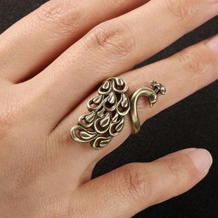 古玩铜器古铜女士戒指复古开口孔雀开屏黄铜饰品食指指环