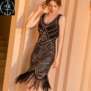 1920s复古连衣裙宴会轻奢亮片晚礼服盖茨比大码 鸡尾酒派对流苏裙