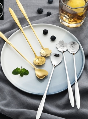 Flowers Design Gold Spoon Long Handle Dessert Tea Coffee Mix